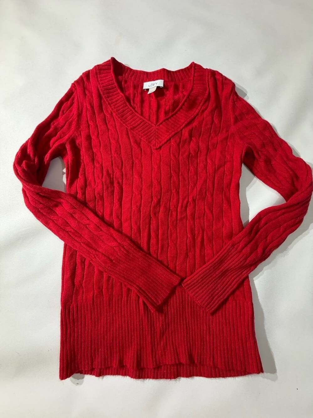Ann Taylor Loft Women's Red Cable Knit V-Neck Sweater Size Medium